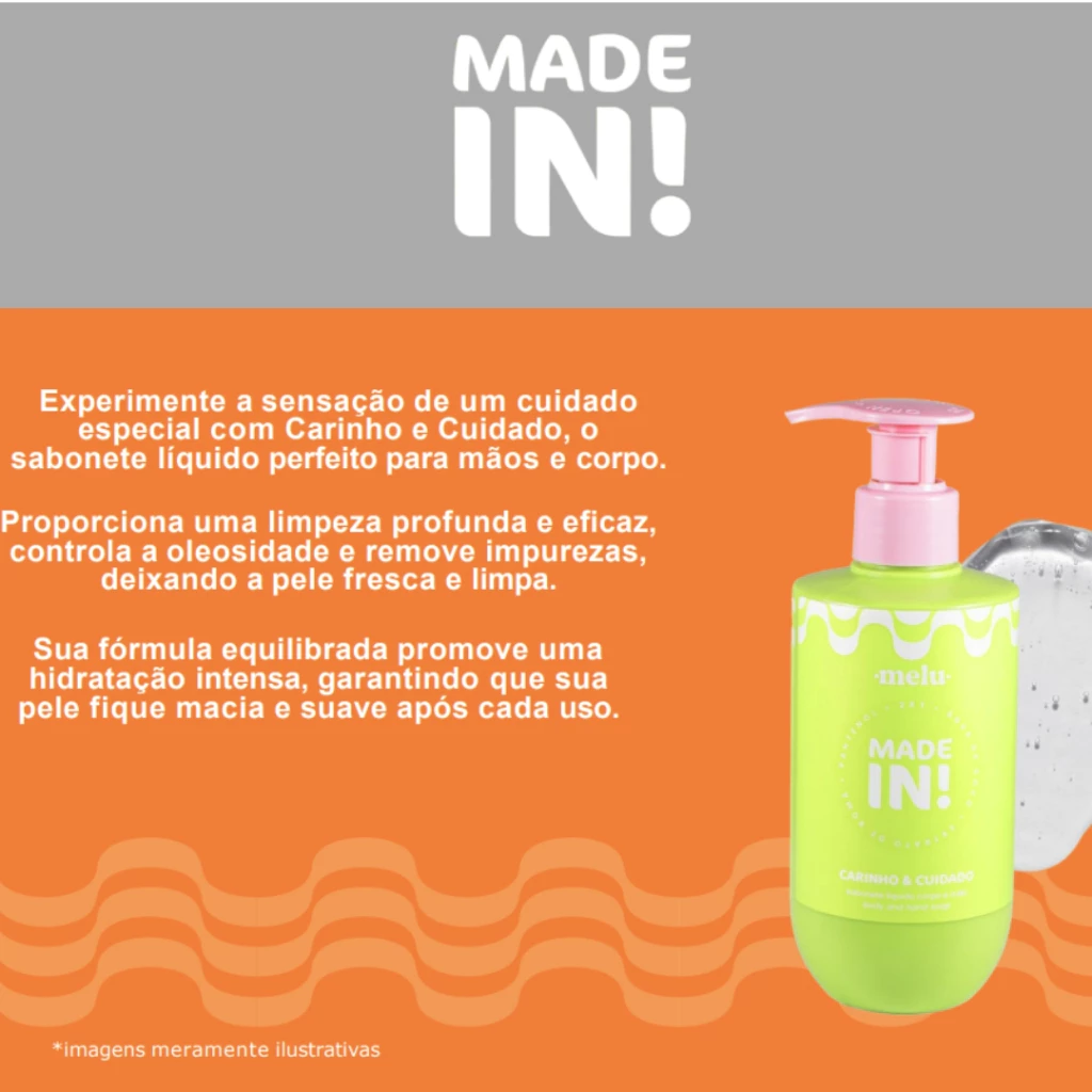 SABONETE LIQUIDO CORPO E MAO CARINHO CUIDADO MADE IN MELU RUBY ROSE - Imagem 4