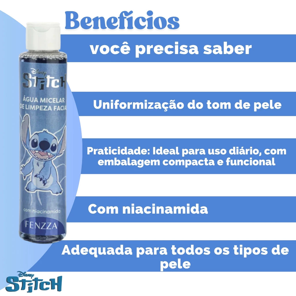 AGUA MICELAR DISNEY STITCH LIMPEZA FACIAL COM NIACINAMIDA FENZZA - Imagem 3
