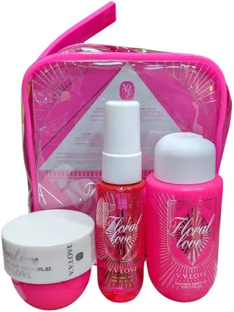 KIT TRAVEL PERFUME ROSA COM BOLSINHA FLORAL LOVE V V - Imagem 4